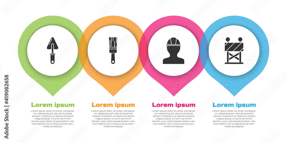 Set Trowel, Paint brush, Worker safety helmet and Road barrier. Business infographic template. Vecto