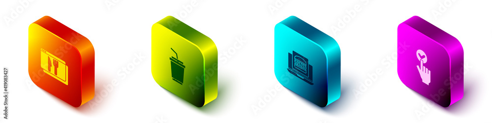 Set Isometric Online ordering and delivery，Paper glass with water，burger and icon.Vector（设置等轴测在线订购和配