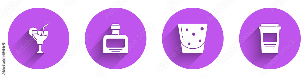 Set Cocktail, Whiskey bottle, Glass of rum and Coffee cup to go icon with long shadow. Vector.