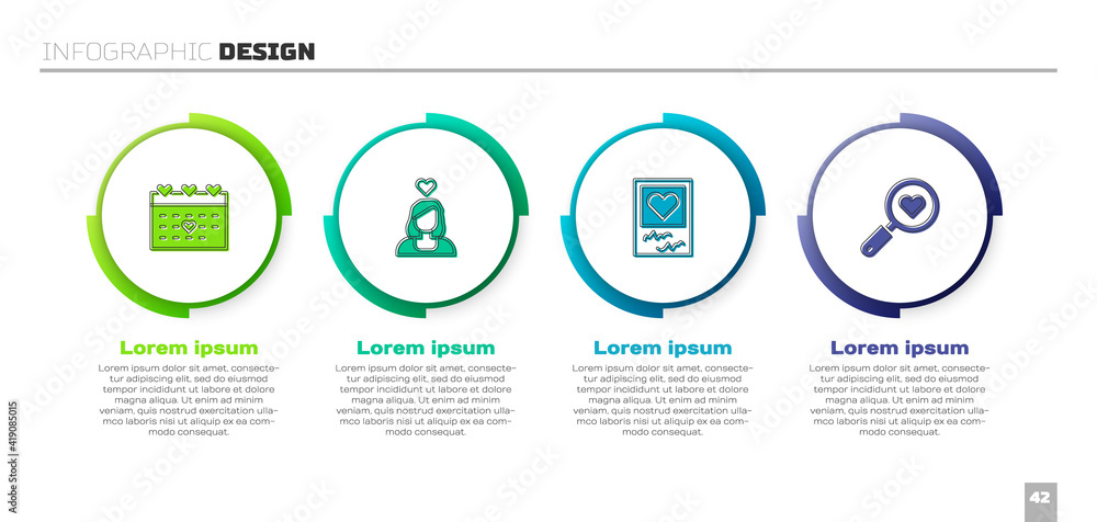 Set Calendar with heart, Couple in love, Photo frames and hearts and Search. Business infographic te