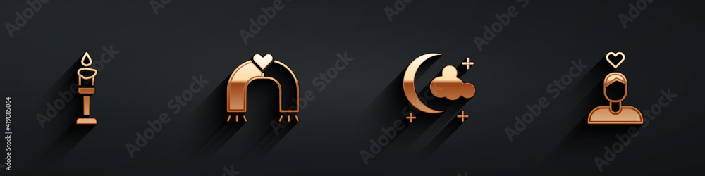 Set Burning candle, Love magnet, Moon stars and Couple love icon with long shadow. Vector.