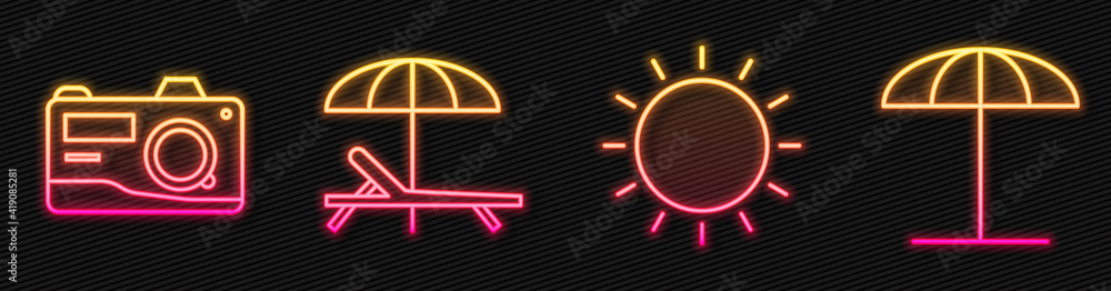 Set line Sun, Photo camera, Sunbed and umbrella and Sun protective umbrella for beach. Glowing neon 