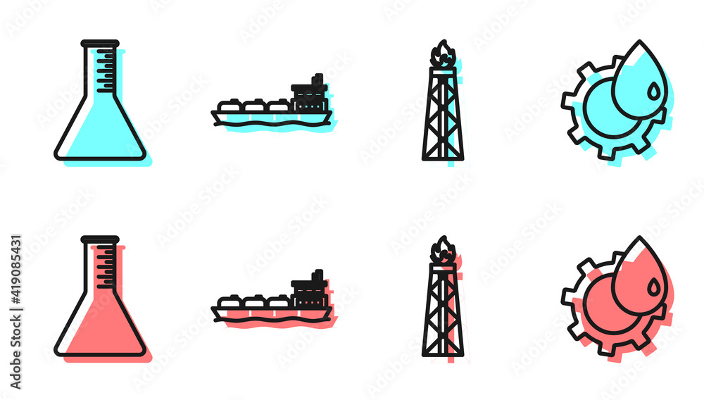 Set line Oil rig with fire, Oil petrol test tube, Oil tanker ship and Oil industrial factory buildin