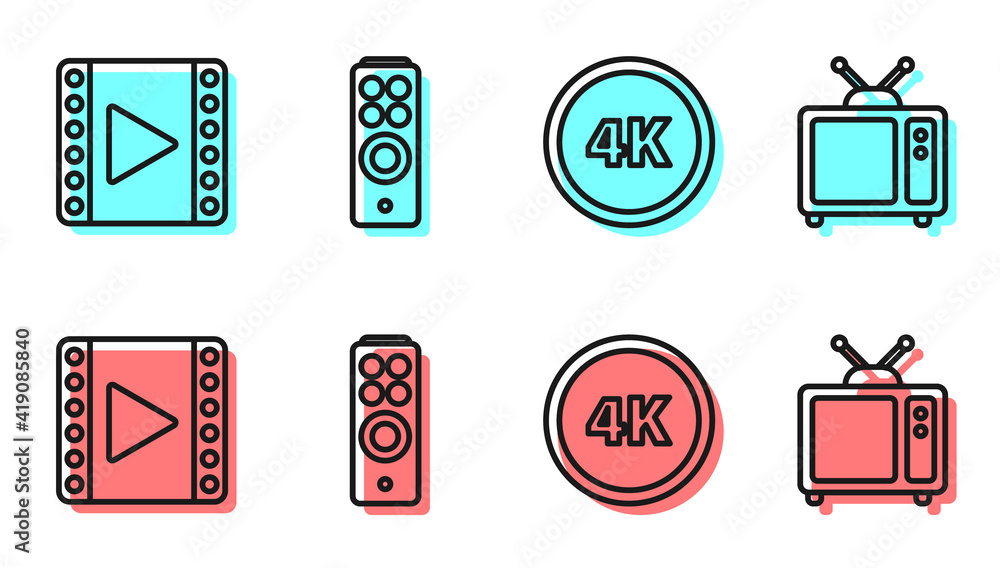 设置线路4k超高清，播放视频，遥控器和复古电视图标。矢量。