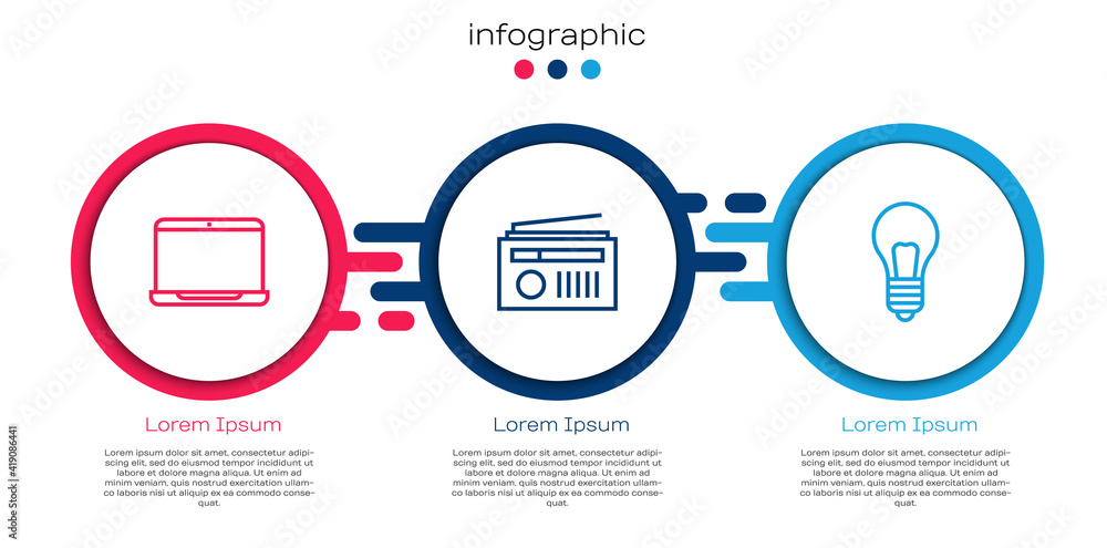 Set line Laptop, Radio with antenna and Light bulb concept of idea. Business infographic template. V