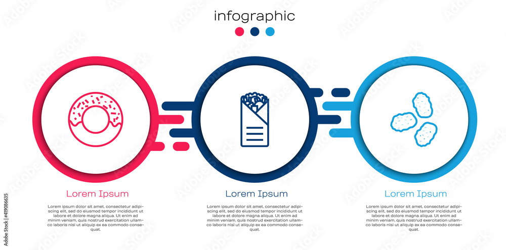 设定线甜甜圈、烤串和鸡块。商业信息图模板。矢量。