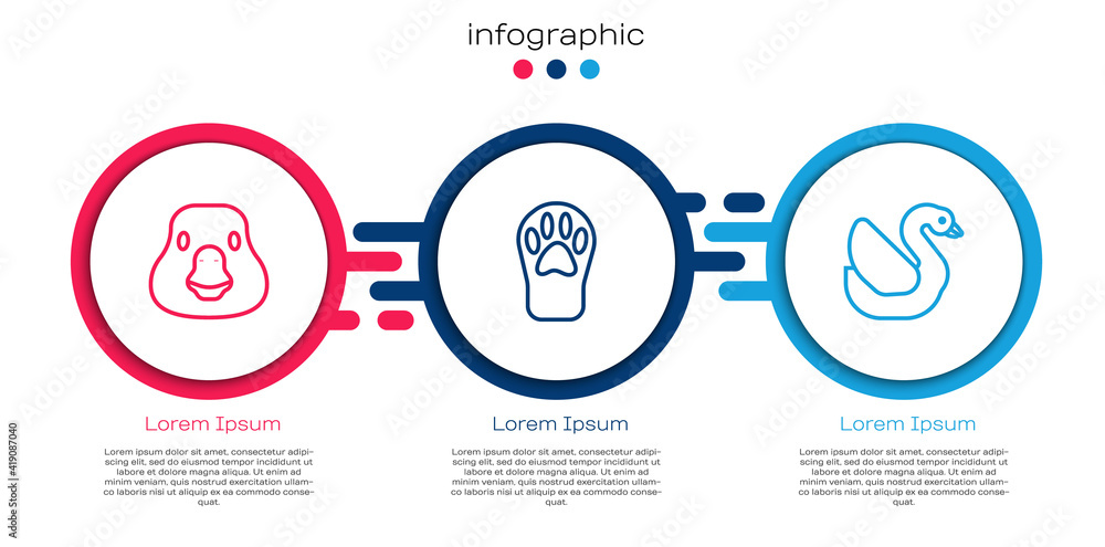 设置线条鹅鸟、爪印和天鹅。商业信息图形模板。矢量。