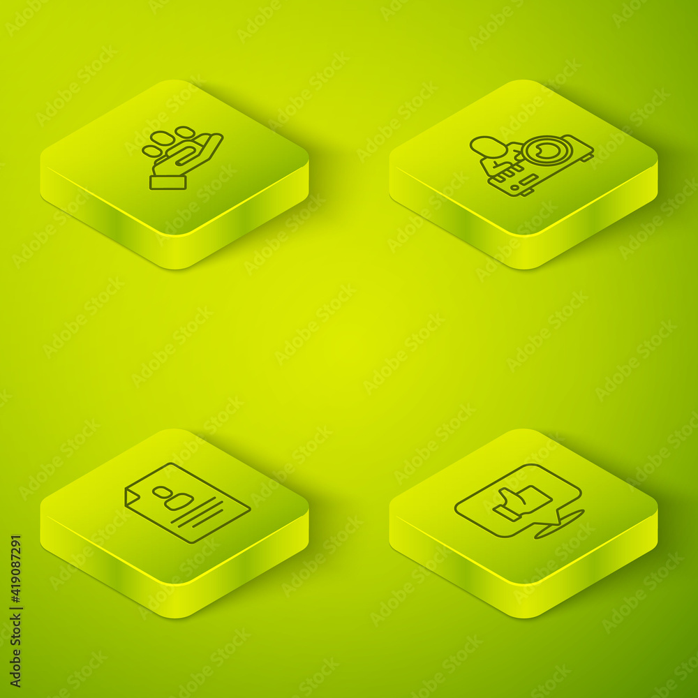 Set Isometric Media projector, Resume, Hand like and for search people icon. Vector.