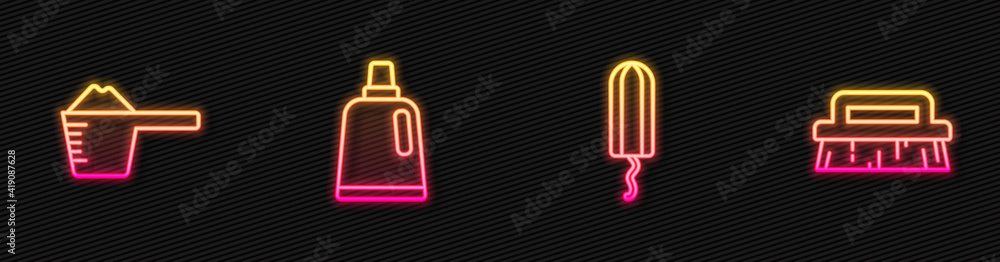 Set line Sanitary tampon, Washing powder, Bottle for cleaning agent and Brush. Glowing neon icon. Ve