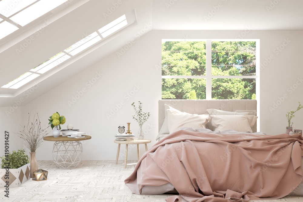 Stylish bedroom in white color with summer landscape in window. Scandinavian interior design. 3D ill