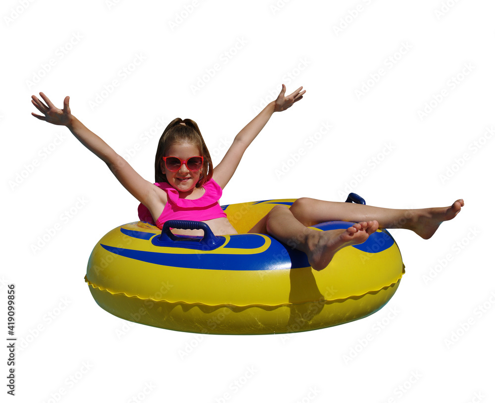 Girl on the inflatable ring isolated on white