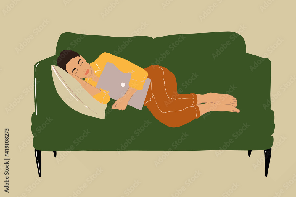 Pretty woman fell asleep on the comfortable green couch in an embrace with a laptop. Lifestyle conce