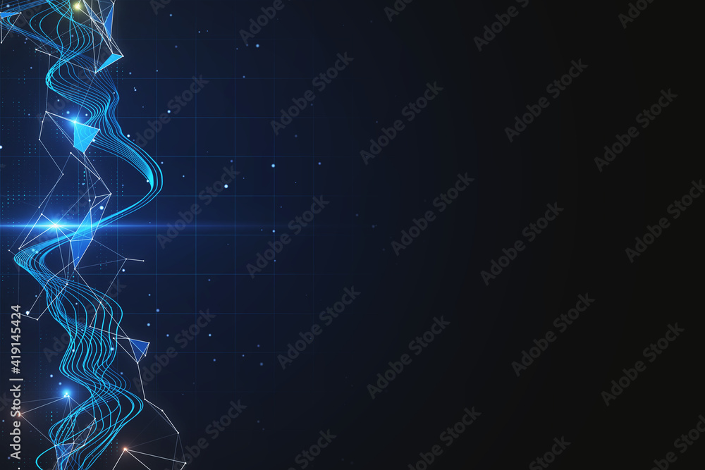 Abstract glowing digital technological waves and lines on dark wallpaper with blank space for your l