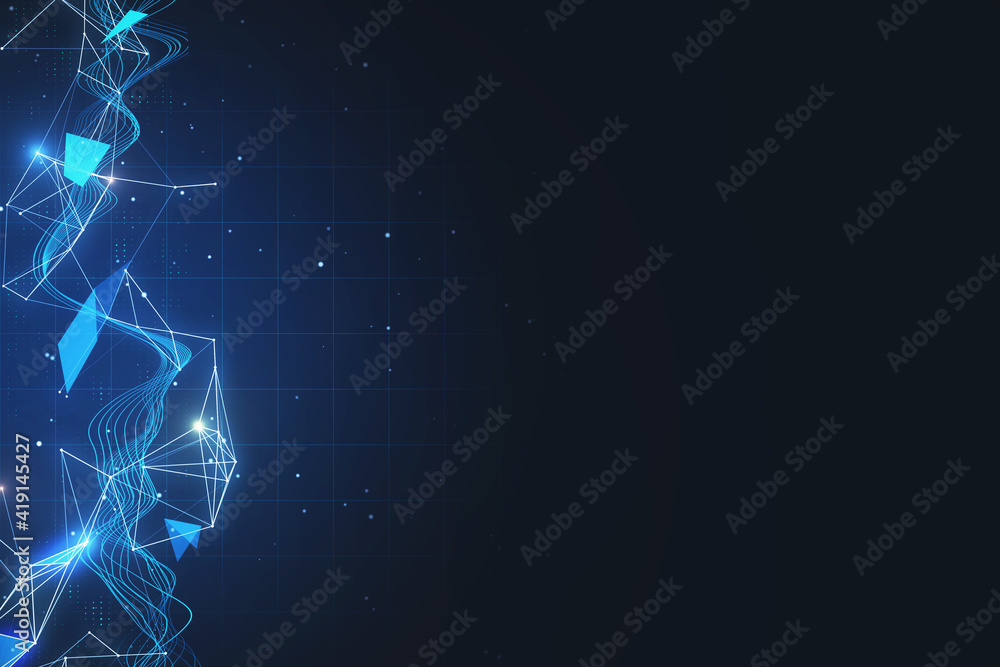 Blue glowing geometrical figures on abstract technological dark background with empty space for your