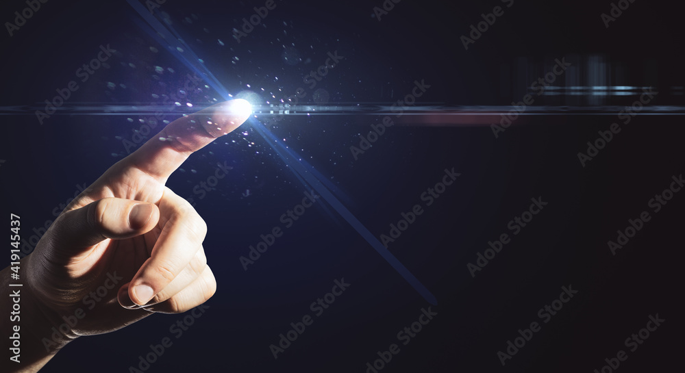 Innovation and technologies concept with man finger touching abstract digital screen with copyspace 