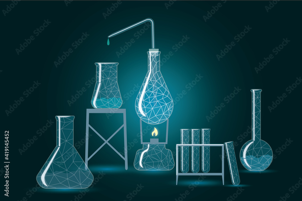 Chemistry experience concept with glass flasks and test tubes illustration and dark abstract backdro