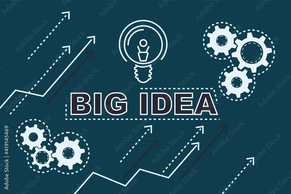 Start up business concept with big idea word illustration, light bulb, gears and arrows up on plain 