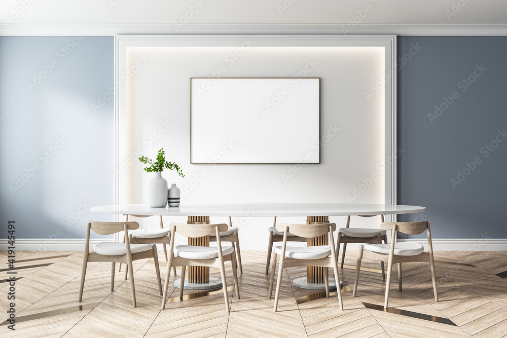 Blank white screen on white wall in light eco style dining room with modern white table and wooden c