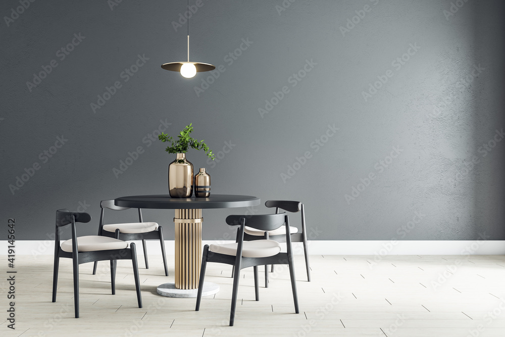 Black wall in modern dining room with black wooden furniture and light ceramic tiles floor