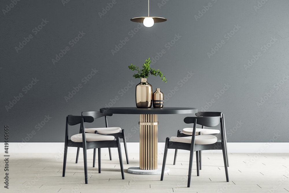 Black round table with wooden chairs around in the center of modern dining room with black wall and 