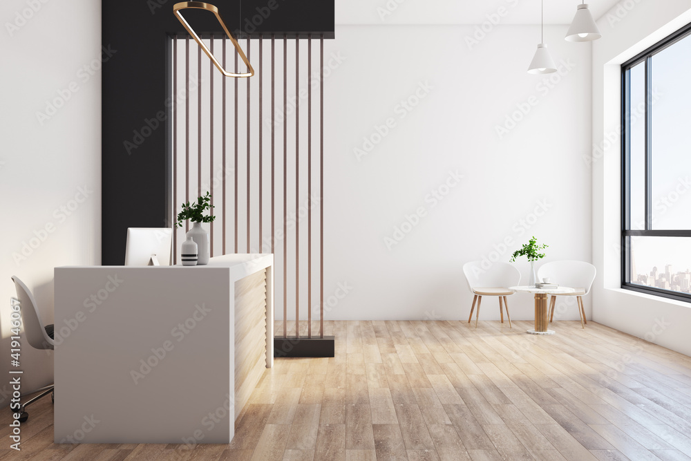 Wooden reception desk in sunny office with big window and city view, wooden floor and white walls