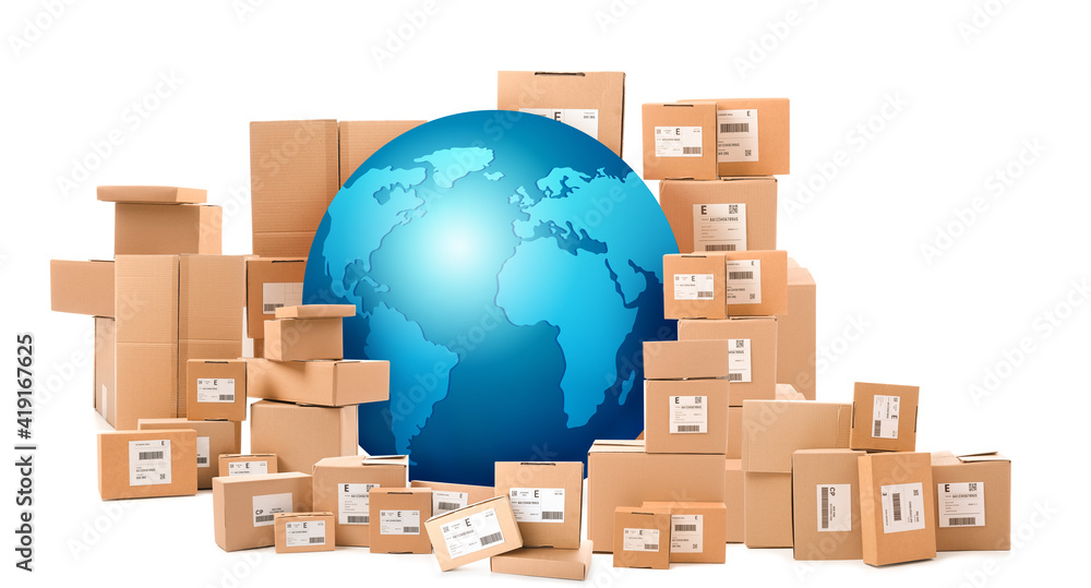 Planet Earth with heap of parcels on white background