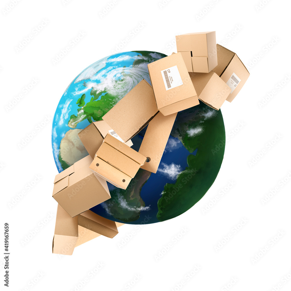 Planet Earth with flying parcels on white background