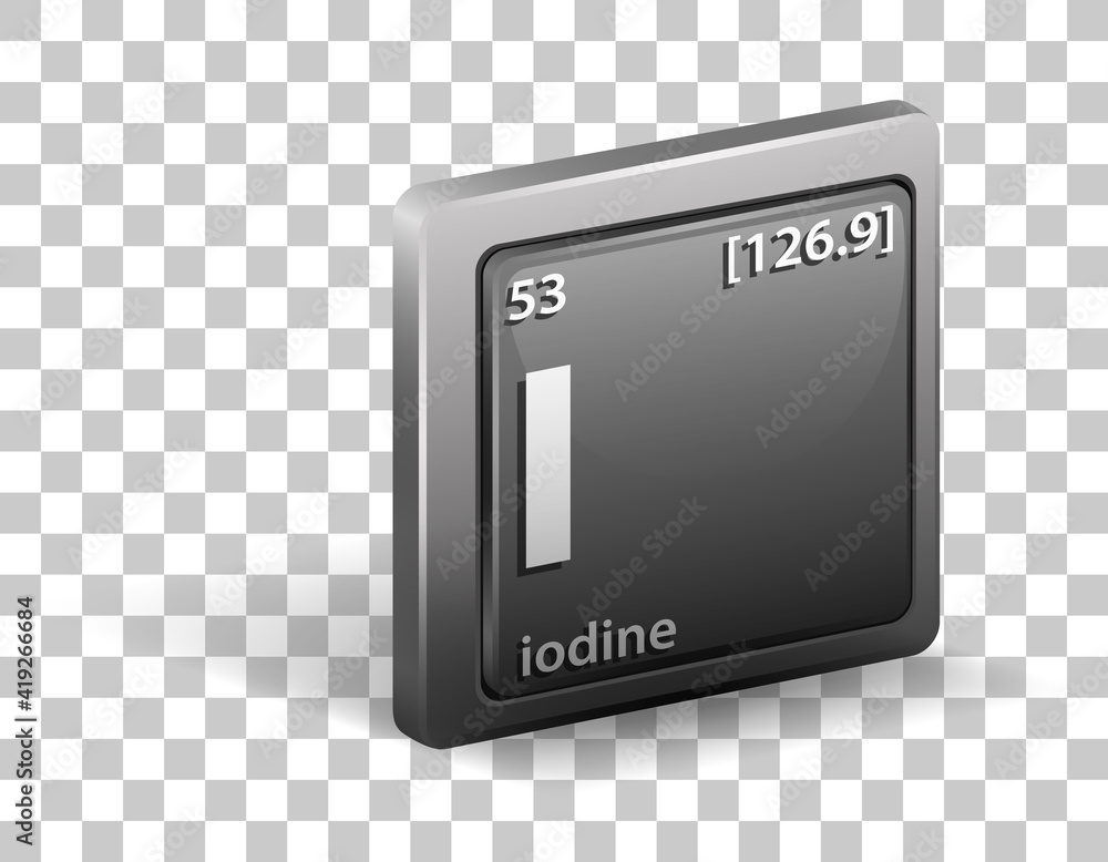 Iodine chemical element. Chemical symbol with atomic number and atomic mass.