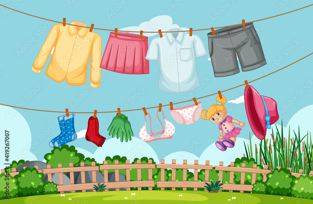 Clothes hanging on line in the yard