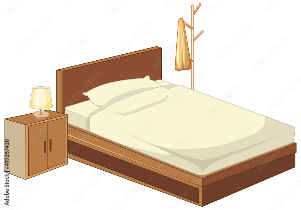 Wooden bed with lamp isolated on white background