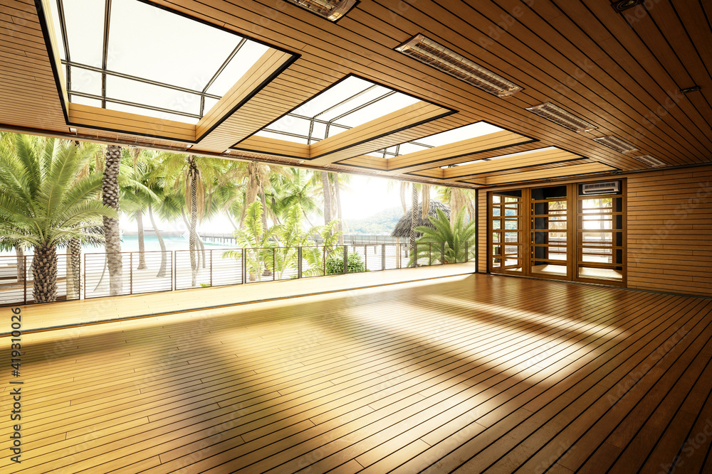 Empty Chill & Restaurant Area Inside a Resort- 3d architectural visualization