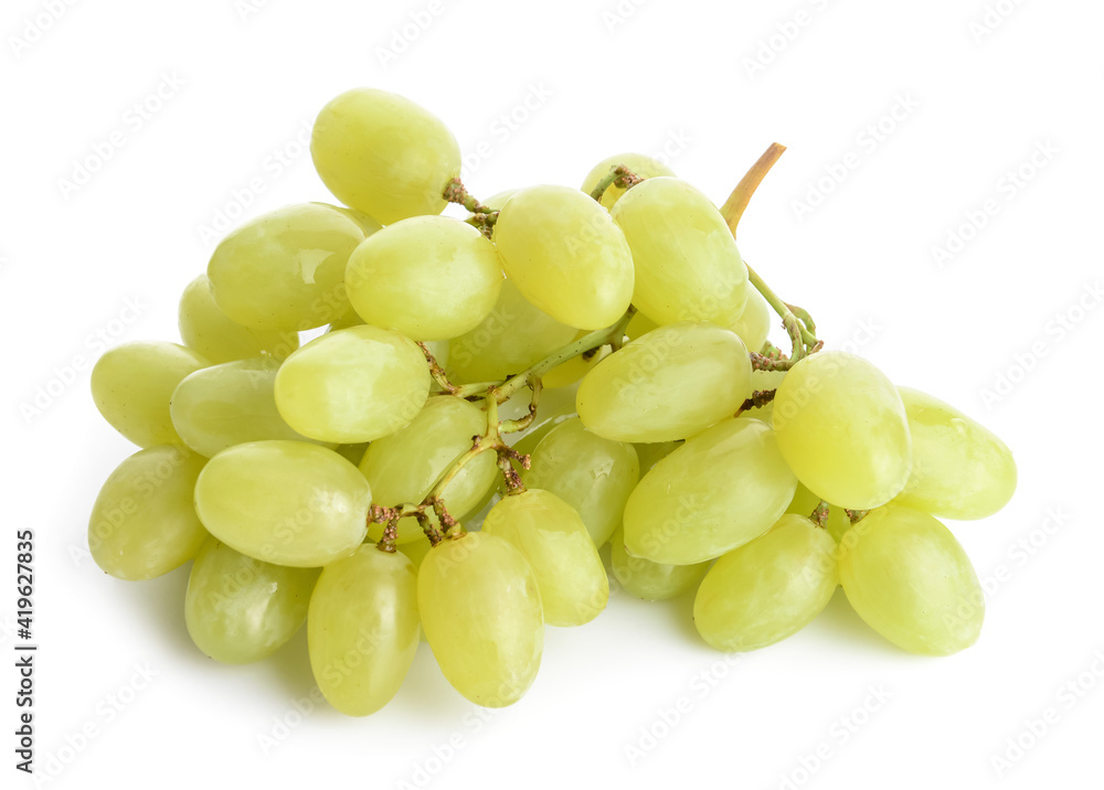 Ripe green grapes on white background