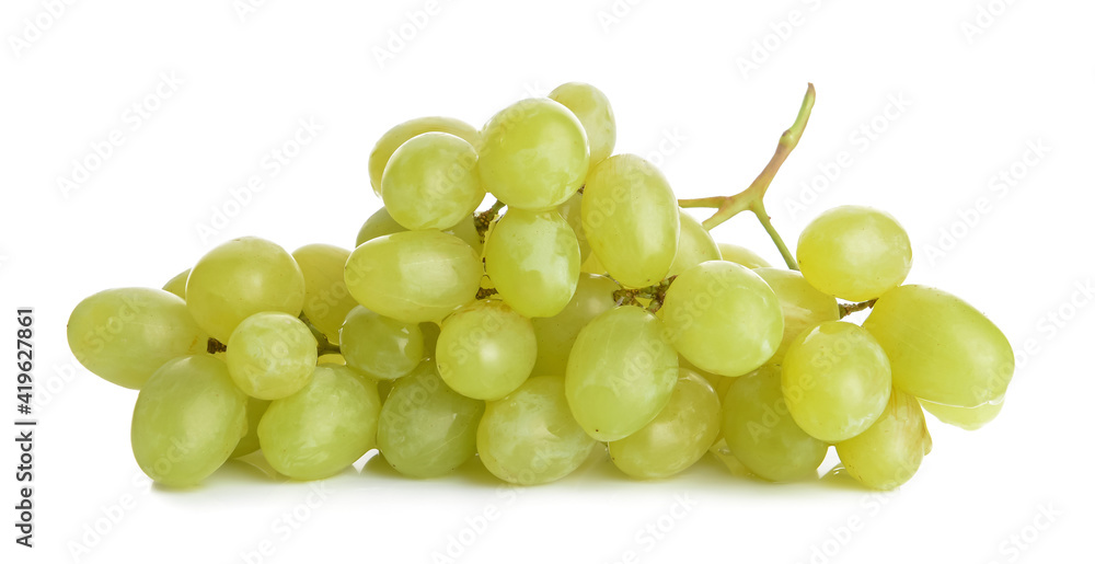 Ripe green grapes on white background