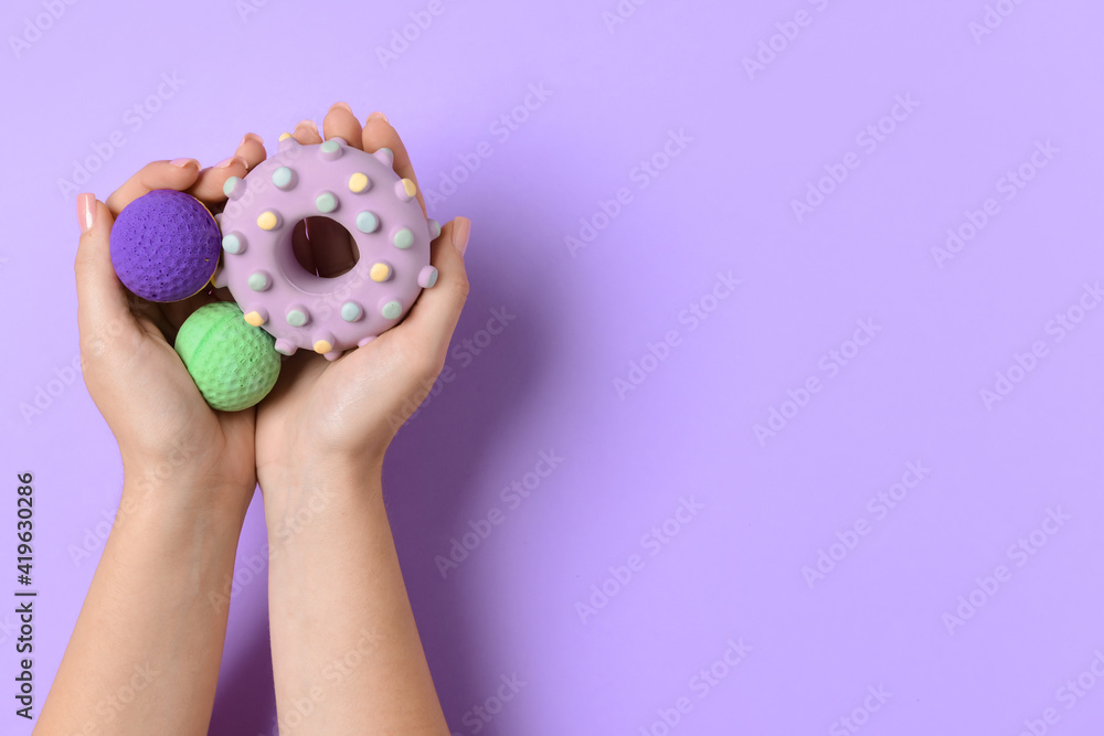 Female hands with toys for pet on color background