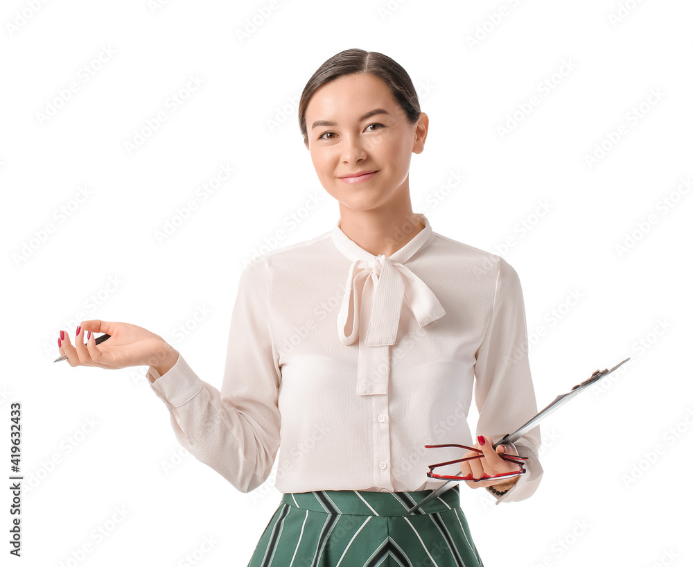 Portrait of female psychologist on white background