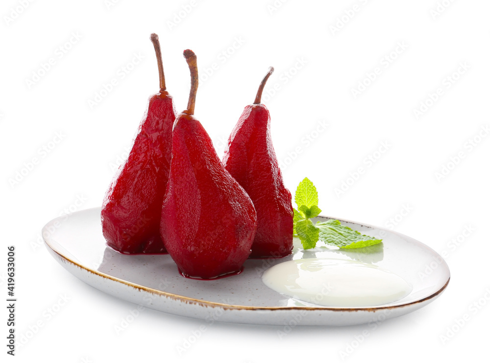 Plate of tasty poached pears in wine sauce on white background