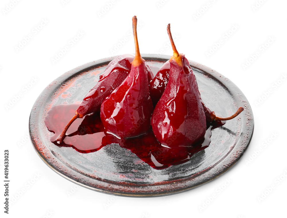 Plate of tasty poached pears in wine sauce on white background