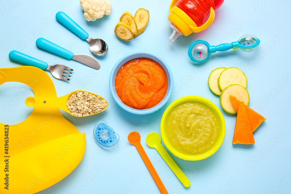 Composition with healthy baby food on color background