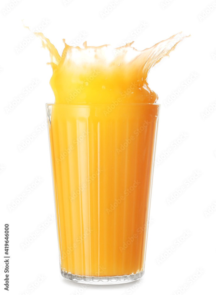 Glass of orange juice with splash on white background