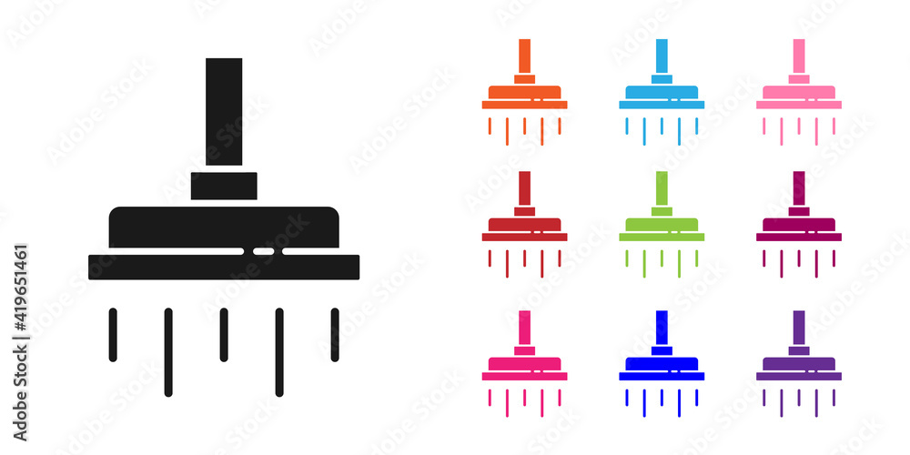黑色淋浴喷头，白色背景上有水滴流动图标。将图标设置为彩色。Ve
