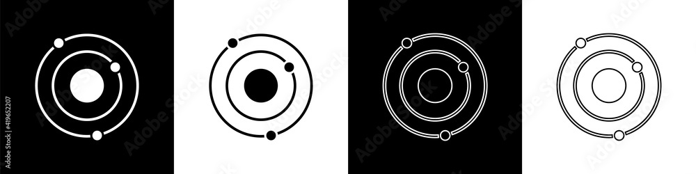 Set Solar system icon isolated on black and white background. The planets revolve around the star. V