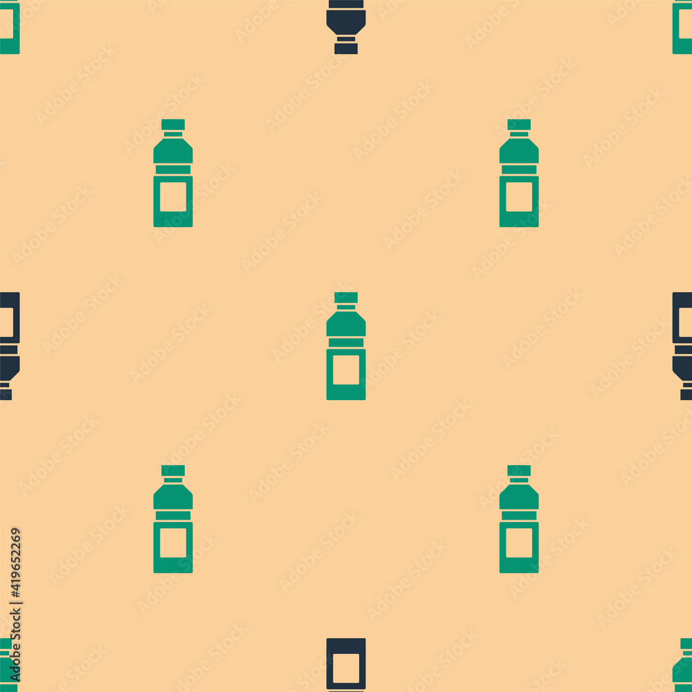 Green and black Bottle of water icon isolated seamless pattern on beige background. Soda aqua drink 