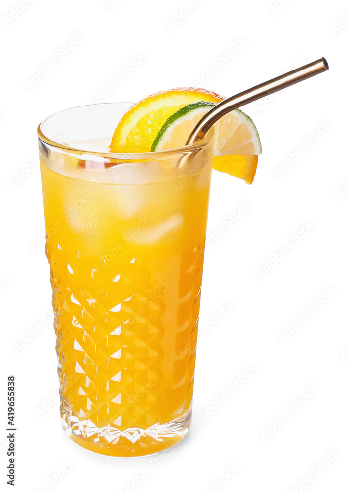 Glass of tasty mango margarita on white background