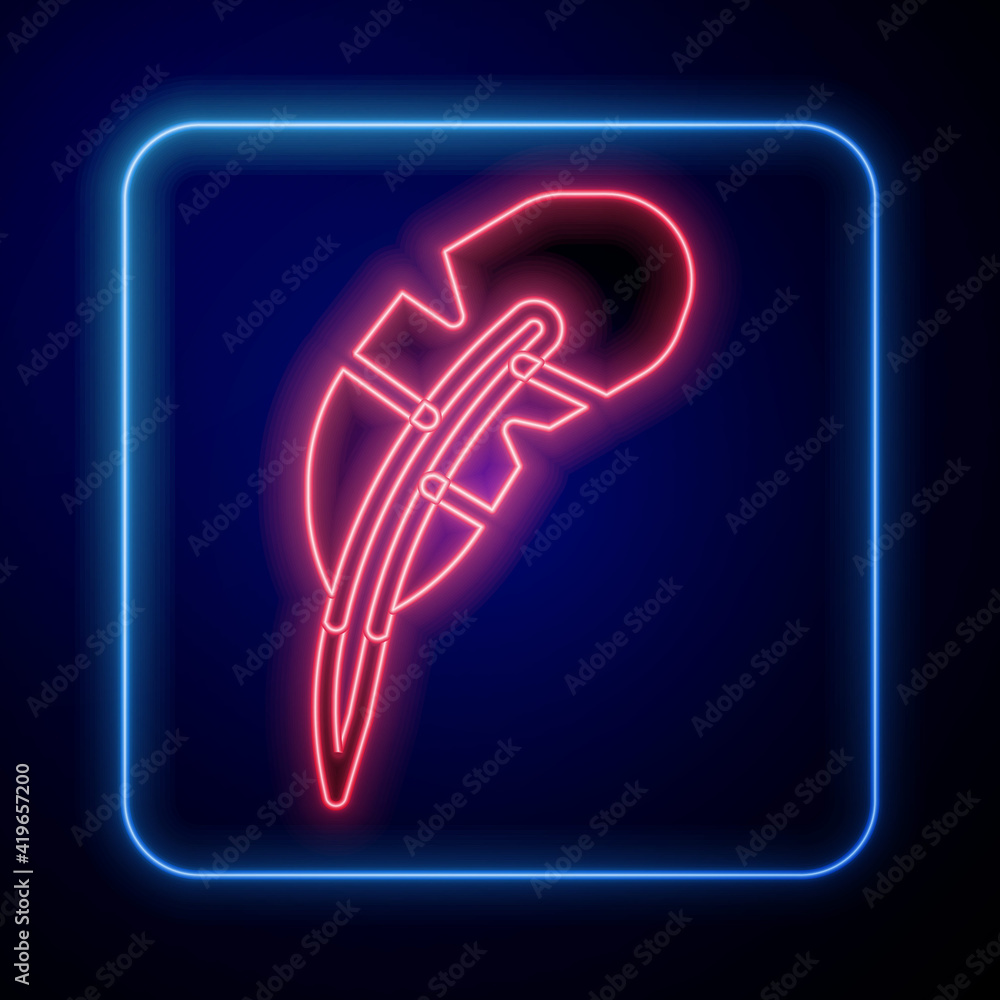 Glowing neon Feather pen icon isolated on black background. Vector.