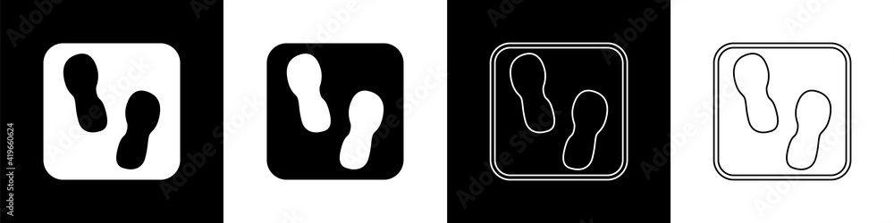 Set Human footprints shoes icon isolated on black and white background. Shoes sole. Vector.