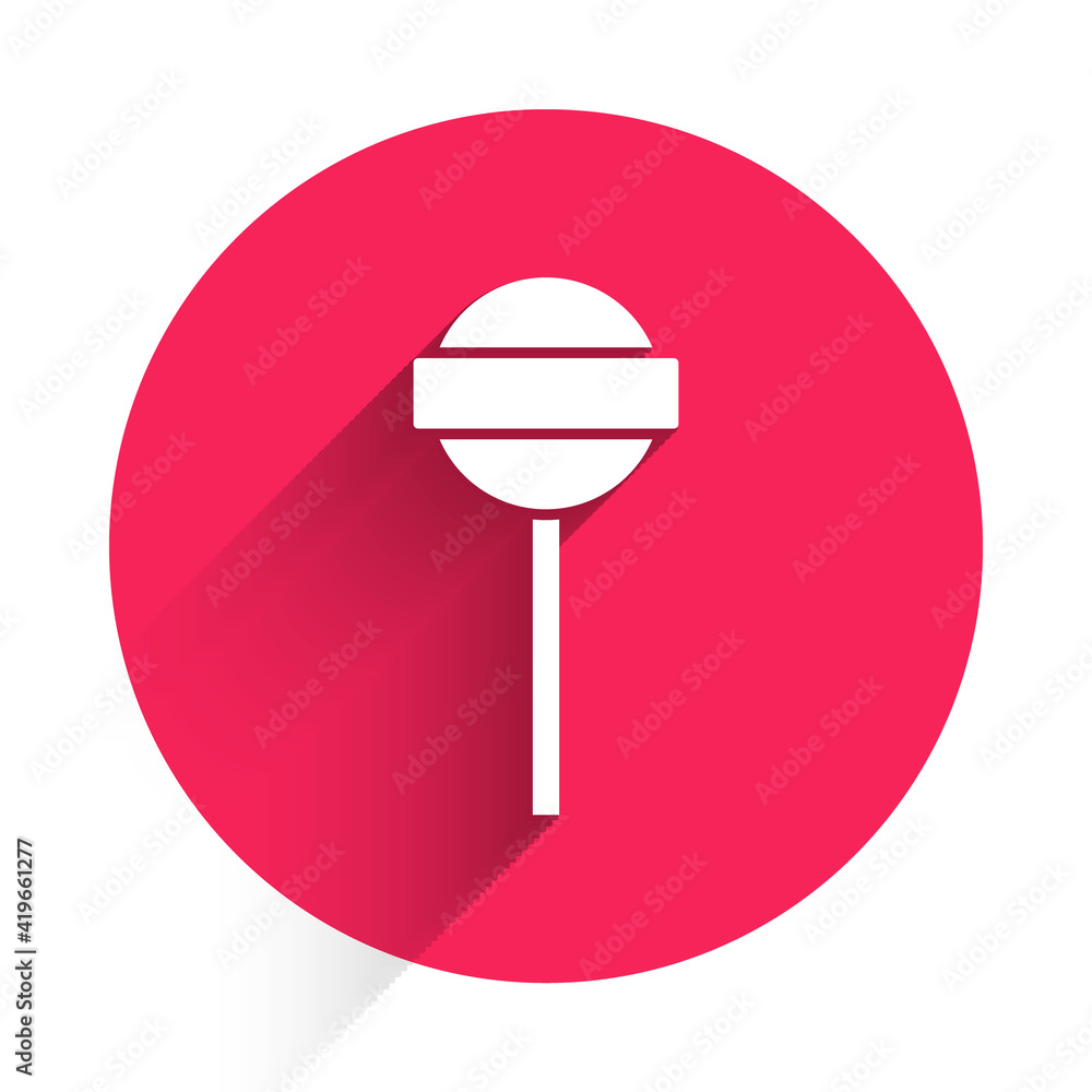 White Lollipop icon isolated with long shadow. Food, delicious symbol. Red circle button. Vector.