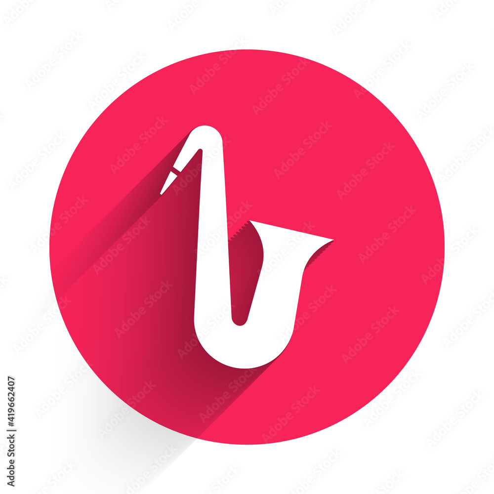 White Musical instrument saxophone icon isolated with long shadow. Red circle button. Vector.