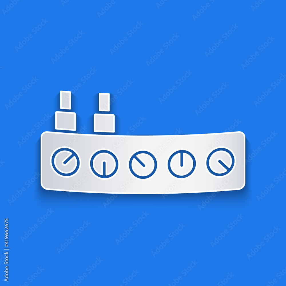 剪纸混音器控制器图标隔离在蓝色背景上。Dj设备滑块按钮。Mixi