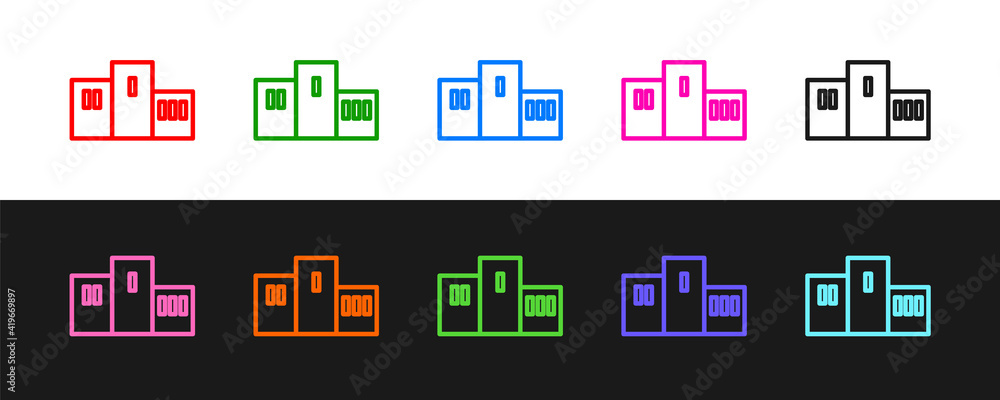 在黑白背景上隔离的体育冠军领奖台图标上设置线奖。矢量。