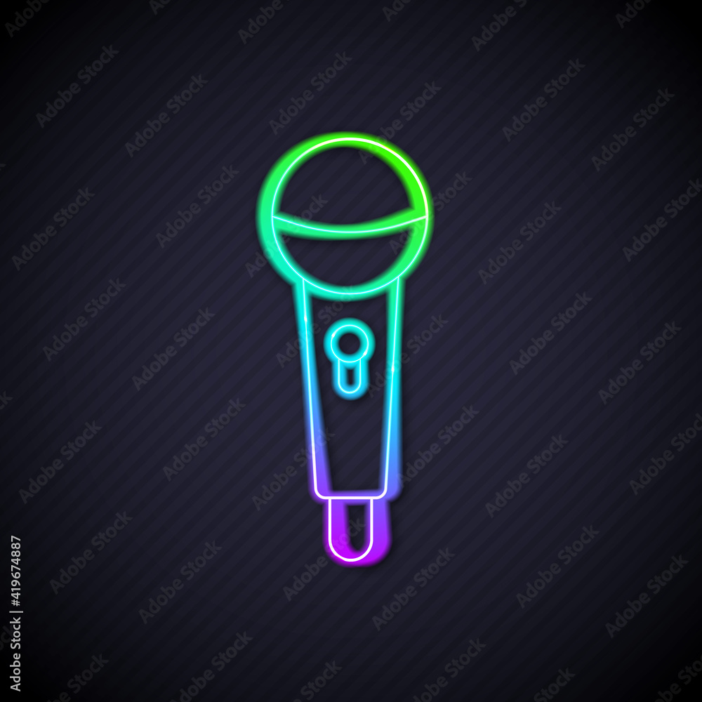 Glowing neon line Microphone icon isolated on black background. On air radio mic microphone. Speaker